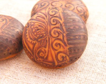 Golden Orange and Rust - Resting Butterfly Round Bead - handpainted polymer clay butterfly rustic boho chic (ready to ship)
