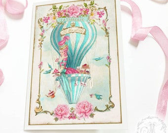 Marie Antoinette card, birthday card, friendship card, high tea in a hot air balloon, let them eat cake, blank inside