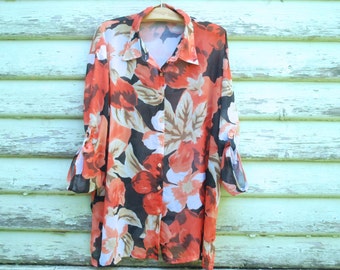 90s Shirt Vintage Sheer Floral Blouse Orange Black Bold Print Oversized Boho Top Loose Fitting Vtg 1990s Size L-XL