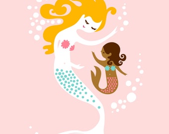 5X7" mermaid mother & daughter giclee print on fine art paper. light pink, blonde, mocha skin tone.