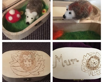 Needle Felted Hedgehog Mini World in a Box with Toadstool, with Woodnurned Pyrography Engraving.