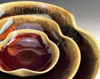 handmade ceramic nesting set of bowls - nesting bowls - serving bowls - honey luster - copper red- centerpiece- stacking bowls- chip and dip