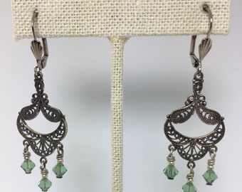 green crystal and silver chandelier earrings