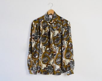 Vintage Pussy Bow Blouse | Vintage Bow-Tie Blouse | Vintage Blouse with Bow | Ladies' Bow Blouse | Patterned Blouse | Abstract Print Blouse