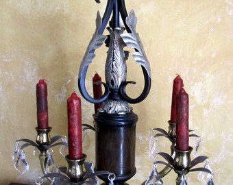 HANGING CHANDELIER CANDLE Holder One Of A Kind/ 5 Arm with tapered candle holders and acrylic crystals, One of A Kind