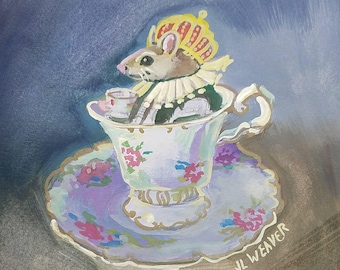 Mouse Royalty at Tea Original Watercolor and Gouache Painting