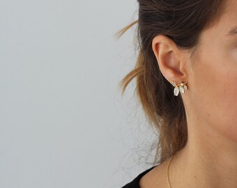 bridesmaid earrings, cz leaves earrings, dainty earrings, floral earrings, ear climbers, moonstone climbers, zirconia climbers