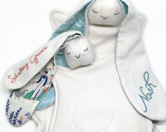 Organic: Personalized custom baby loveys - fleece - baby loveys - plush organic cotton; custom baby toy; organic baby lovey; organic bunny
