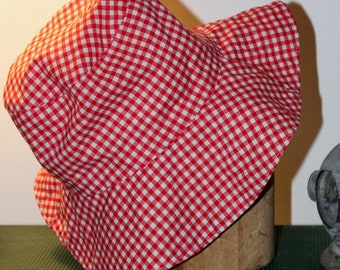 vintage 60s bucket hat, red gingham beach hat, floppy summer hat, red white check, sun hat