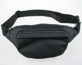 Black Fanny Pack - durable, built-in wallet for cards and money, water resistant, perfect waist pack for travel