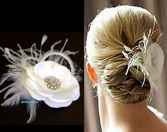 Ivory Bridal Fascinator, Rustic Wedding Headpiece, Feather Fascinator, White Flower Hair Clip, Bridal Headpiece, Wedding Hair Clip, RACHEL