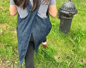 Denim Japanese apron hard wearing smock dress - for hardcore crafting in blue or black