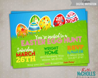 Easter Egg Hunt Invitation, Bright Eggs in Easter Grass, Easter Egg Invite - Printable, Personalized