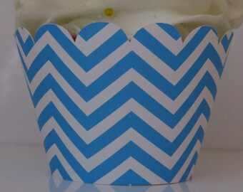 Turquoise Blue Chevron Cupcake Wrappers... Fully Assembled...set of 12.. Baby Shower, Birthday, Bridal Shower