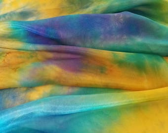 Hand Painted Silk Scarf in Vibrant Blues, Greens, Purples and Golden Yellows