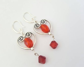 Red heart earrings - Valentine earrings - Red dangle earrings - Red drop earrings - Heart shaped earrings - Long dangle earrings
