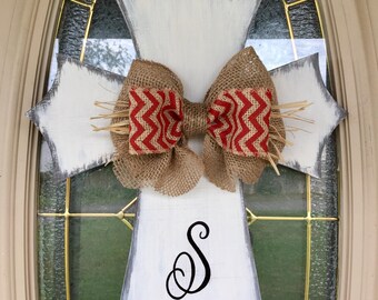 Distressed Rustic Wooden Cross Door Hanger/Monogrammed/Burlap Bow/Easter/Wall Decor/Easter/Home/Office Decor/Birthday Gift/Housewarming Gift