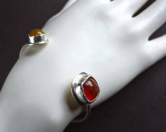 Cross Agate and Mandarin Sapphire Sterling Silver Cuff Bangle Bracelet, Jerusalem Stone Bracelet, Religious Christian Gemstone Jewelry