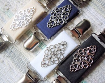 Silver filigree on fabric dress clip, shirt clip, jacket clip for back of waist