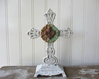Fleur de Lis Cast iron standing cross white cross antique style metal 8" faux verdigris rust paperclay Religious Christian wedding decor W5