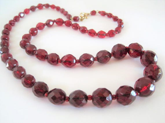 Red Crystal Necklace, Glass Faceted Beads, Single Strand Necklace