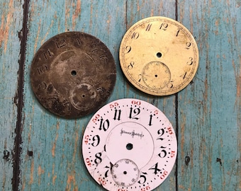 Vintage Metal & Porcelain POCKET Watch Faces (3) for Steampunk and Altered Art Numbers- Watch Dials- D21