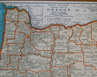 Vintage Oregon Map 1937 antique US State Map, old wall art map