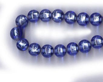 vintage cobalt blue foil BEADS round ART GLASS 8mm glass beads eight beads antique blue glass beads