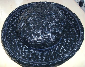 Blue "Straw" Breton Hat, Battelstein's Label, Vintage 1960s