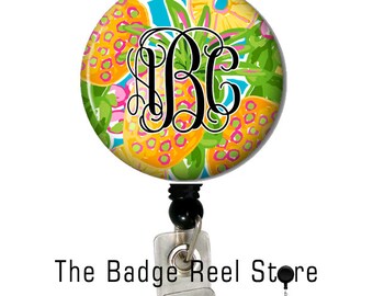 Name Badge Holder, Retractable ID Badge Holder - Preppy - Shabby Chic - Name Tag - Pineapple , Personalized, Name Badge, Initials Custom