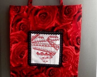 Embroidered heart and red roses tote bag