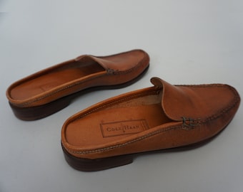 Vtg Cole Haan Genuine Leather Loafer Slides Slip On Shoes Mules | Made in Brazil | Whiskey Leather Brown | Women's 7