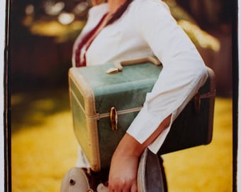 Film Photography Darkroom Art: Girl with Suitcase