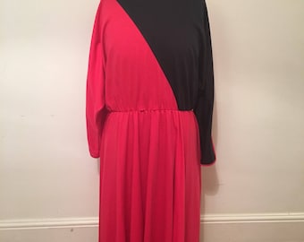 80s vintage batwing, asymmetric, long-sleeved, red dress