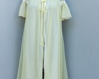 Vintage Robe, Artemis, Sheer Yellow Chiffon Robe, Yellow Robe w/sheer Sleeves, White Lace, Feminine, Pretty Lingerie