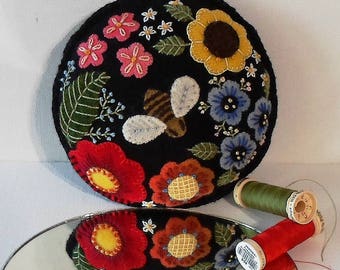 Handmade Pincushion Bee in a Summer Garden Felted Wool Embroidered Pincushion