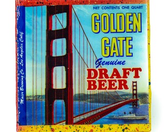 Handmade Coaster Vintage Golden Gate Beer Label Handmade Recycled Tile Coaster