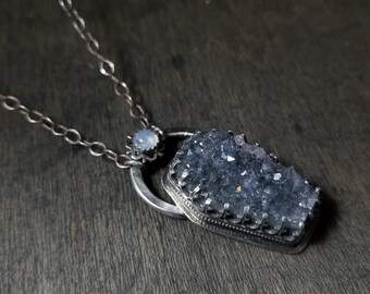 Quartz Coffin Druzy & Moonstone | Snowflake | Sterling Silver Necklace