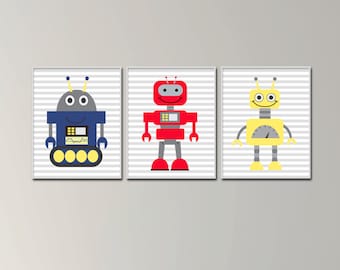 Robots Nursery Yellow Blue and Red Wall Art Print, Baby Boy Robots Wall Art, Boys Bedroom Decor - H1096
