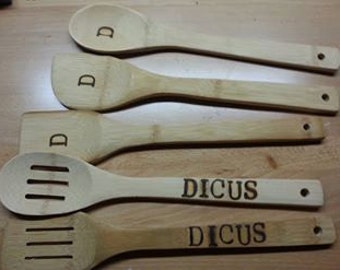 Pyrogrphy 5 piece new Bamboo cooking utensils monogrammed personalized Wood burned Initials Lastname cookware Gift set Kitchen accessories