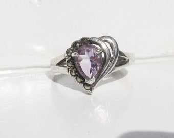 Sterling Silver and Amethyst Heart Ring with Marcasites - Size 8 - 2572J