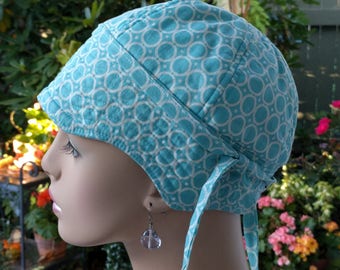 Chemo Hat Soft Cancer Cap for Hair Loss Aqua Blue Cotton Reversible Hat Small/Medium