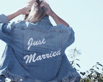 Just Married Denim Jacket | Custom Embroidered | Jean Jacket | Wedding Jacket | Bride Jacket | Wedding Date | Bridal Jacket | Custom Wedding