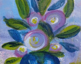 Flower painting, small original painting, acrylic art, gift for her, small wedding gift, blue flowers, floral art, blue and white, modern