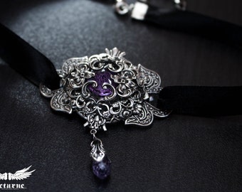 Elegant Black Choker Necklace - Purple Crystal Choker - Victorian Gothic Jewelry
