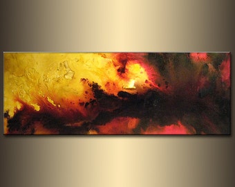 Abstract painting, landscape Sunset Abstract Painting, Contemporary Modern Red Black On Canvas Art by Henry Parsinia Large 48x18