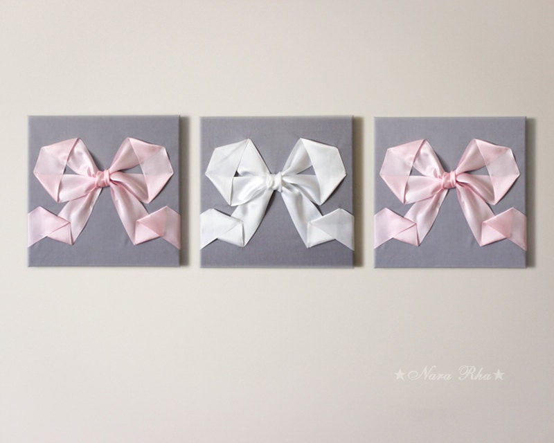 Nursery Wall Set of Three Canvas Art Work Bow Decoration Bow