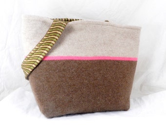 Felted Wool Purse, Shoulder Bag, Brown and Taupe, Pink Stripe