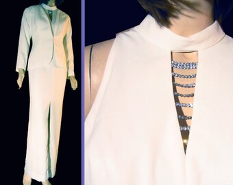 UNWORN 80s Formal Suit by KAREN LAURENCE Off White w Rhinestones Bust 38 Prom Wedding Black Tie