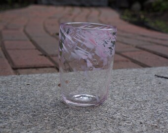 Handblown glass cup with wispy pink flamingo coloring